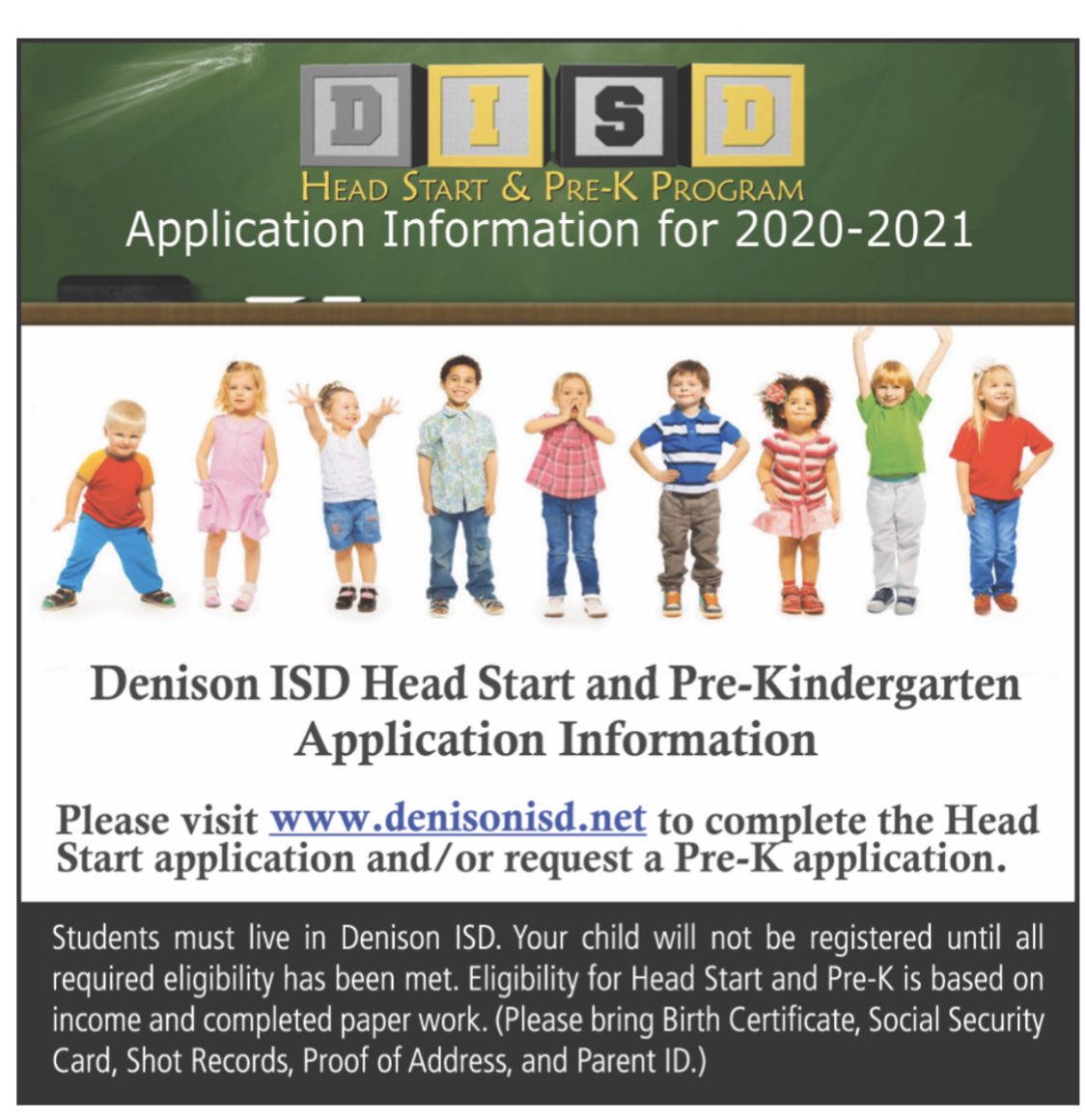 DISD is excited to offer full day Pre-K &amp; Head Start for the 2020-21 School Year. Apply now! Applications are available at denisonisd.net.