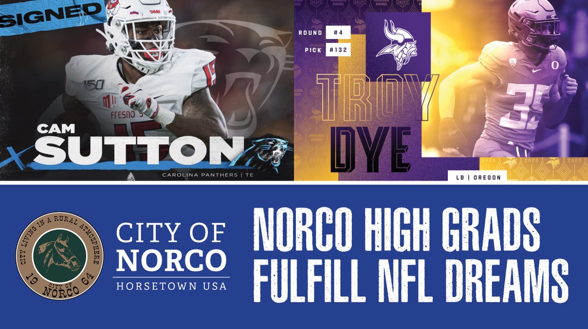 CityofNorco's tweet photo. The City of Norco congratulates 👏 not one, but TWO✌️ @NorcoHighSchool grads who fulfilled their #NFL 🏈 dreams this weekend! Shout out to Troy Dye, who was drafted by the @Vikings, and Cam Sutton, who signed with the @Panthers! We are NORCO!💙
#NFLDraft #NFLDraft2020 #DraftDay https://t.co/wtJqZ8BiIe