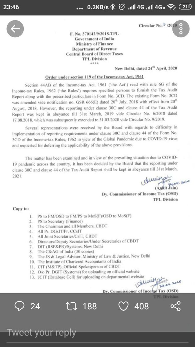 aloke_priya's tweet image. रिपोर्टिंग नॉर्म्स को लेकर टैक्सपेयर्स को बड़ी राहत...अगले साल 31 मार्च तक #AuditReport और #Form3CD जमा करने की जरूरत नहीं...#Covid_19 को लेकर @IncomeTaxIndia का फैसला
@CNBC_Awaaz @FinMinIndia