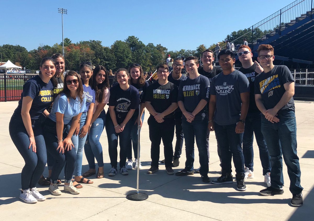 _Mackapella's tweet photo. Happy #MackapellaMonday! This is a throwback to one of our first national anthem performances at Merrimack this year. We had a blast singing at athletic events this year and this game was one of our favorites. 💛💙 https://t.co/fL9nqVtCBZ