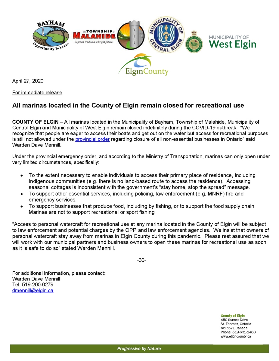 ‼️ For immediate release ‼️ All marinas located in the Municipality of Bayham, Township of Malahide, Municipality of Central Elgin and Municipality of West Elgin remain closed indefinitely during the COVID-19 outbreak. Read Warden Dave Mennill's full release below.