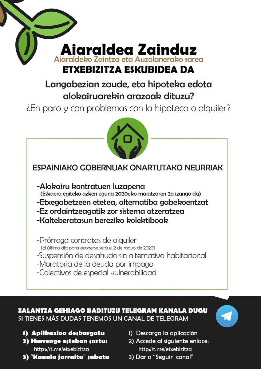 AZainduz's tweet photo. 🏡 Etxebizitza eskubidea ez dago herritar ororentzako bermatuta gure eskualdean. Asko dira alokairua ezin ordaindu dabiltzak herritarrak... 

Aiaraldea Zainduz-etik informazio eta aholkularitzarako TELEGRAM kanala jarri dugu martxan!

👇👇👇👇

https://t.co/Uhwora2gsI https://t.co/UzWuw0vfYE