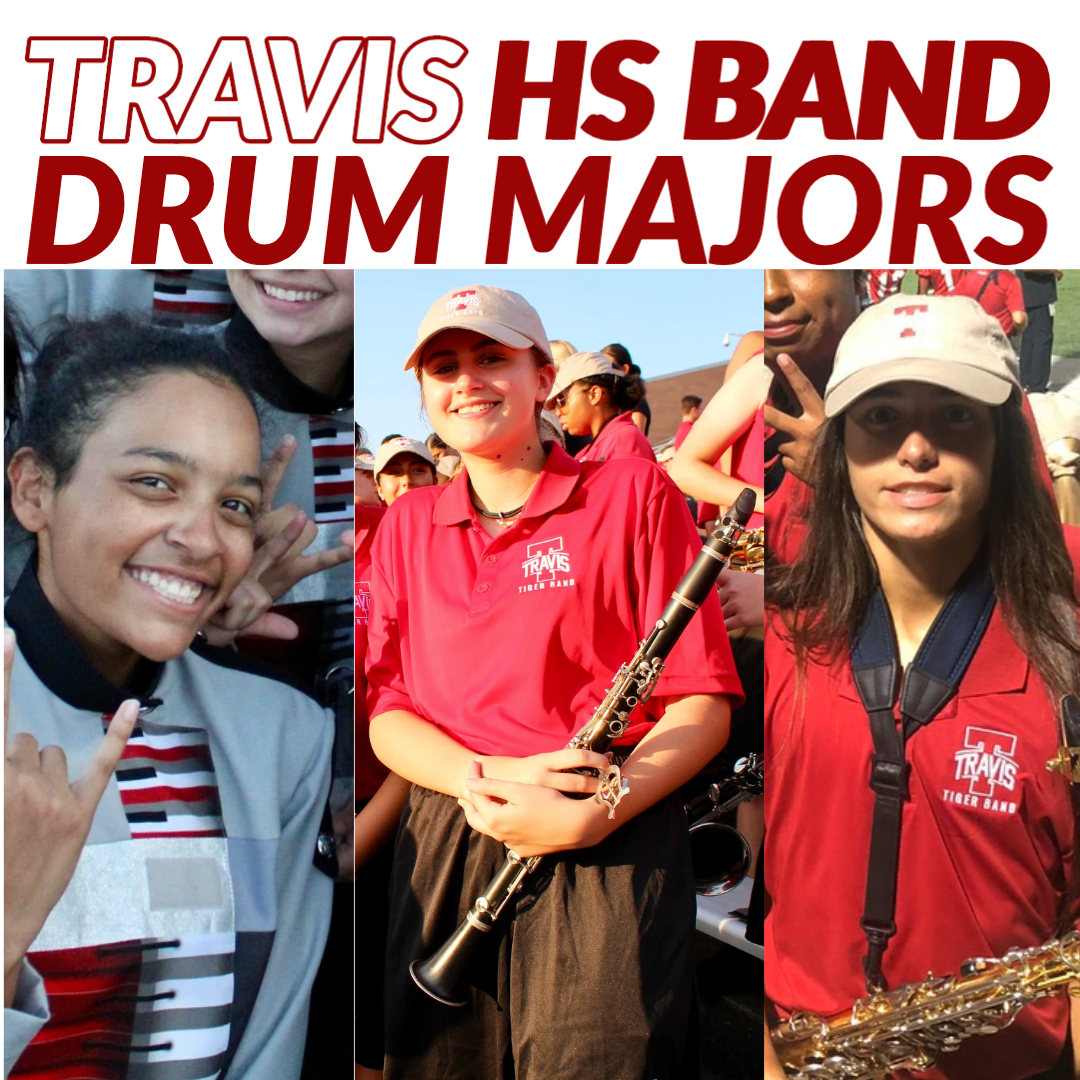 TravisTigerBand's tweet photo. We are so excited to present our 2020 Drum Majors! Congratulations Angelica, Scout, and Ethan! 

#DEESH #leadership #drummajors #texasband #haydnseek https://t.co/e5SJtqjXLQ