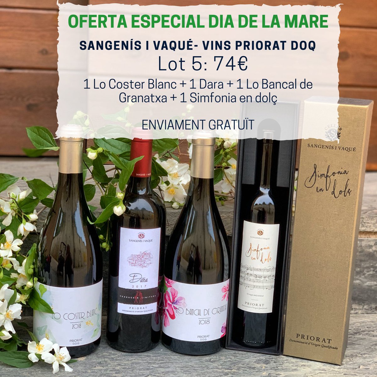 sangenisivaque's tweet photo. OFERTA ESPECIAL 
DIA DE LA MARE🌸
Nou lot de 4 ampolles de vi 🍷SANGENÍS I VAQUÉ
#porrera #priorat #productedeproximitat #vi #km0 #sangenisivaque #enviamentgratuït #lotsdevi #catalunya #vipriorat #joemquedoacasa #joemquedoacasaambvi #viacasa #regaldiadelamare #diadelamare https://t.co/890QO4j1QE