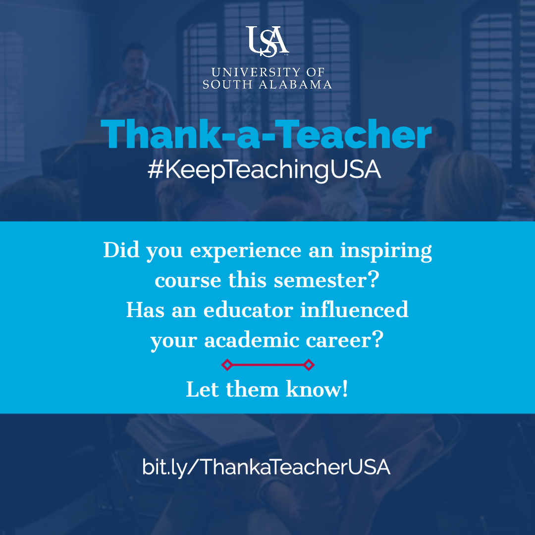 Did you experience an inspiring course this semester? 
Has an educator influenced your academic career? 
Let them know!

bit.ly/ThankaTeacherU…

#wearesouth #gojags #marxlibrary #southathome #southishome #librariesofinstagram #thankateacher #keepteachingusa