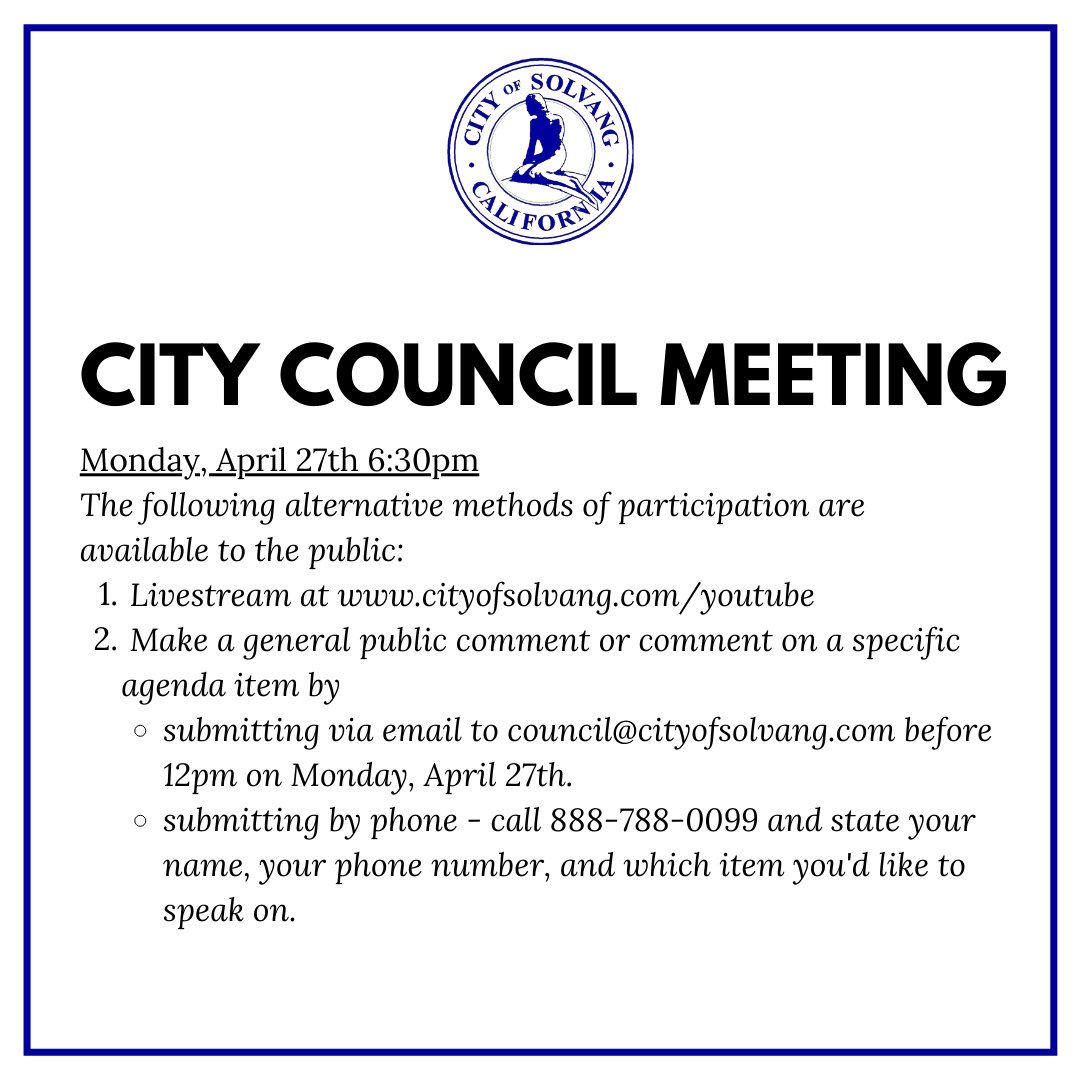 Please join us virtually tonight, Monday, April 27th at 6:30pm for our City Council Meeting. Read ahead for information on how to attend
⁠
LIVESTREAM 🖥️⁠
Visit CityofSolvang.com/YouTube