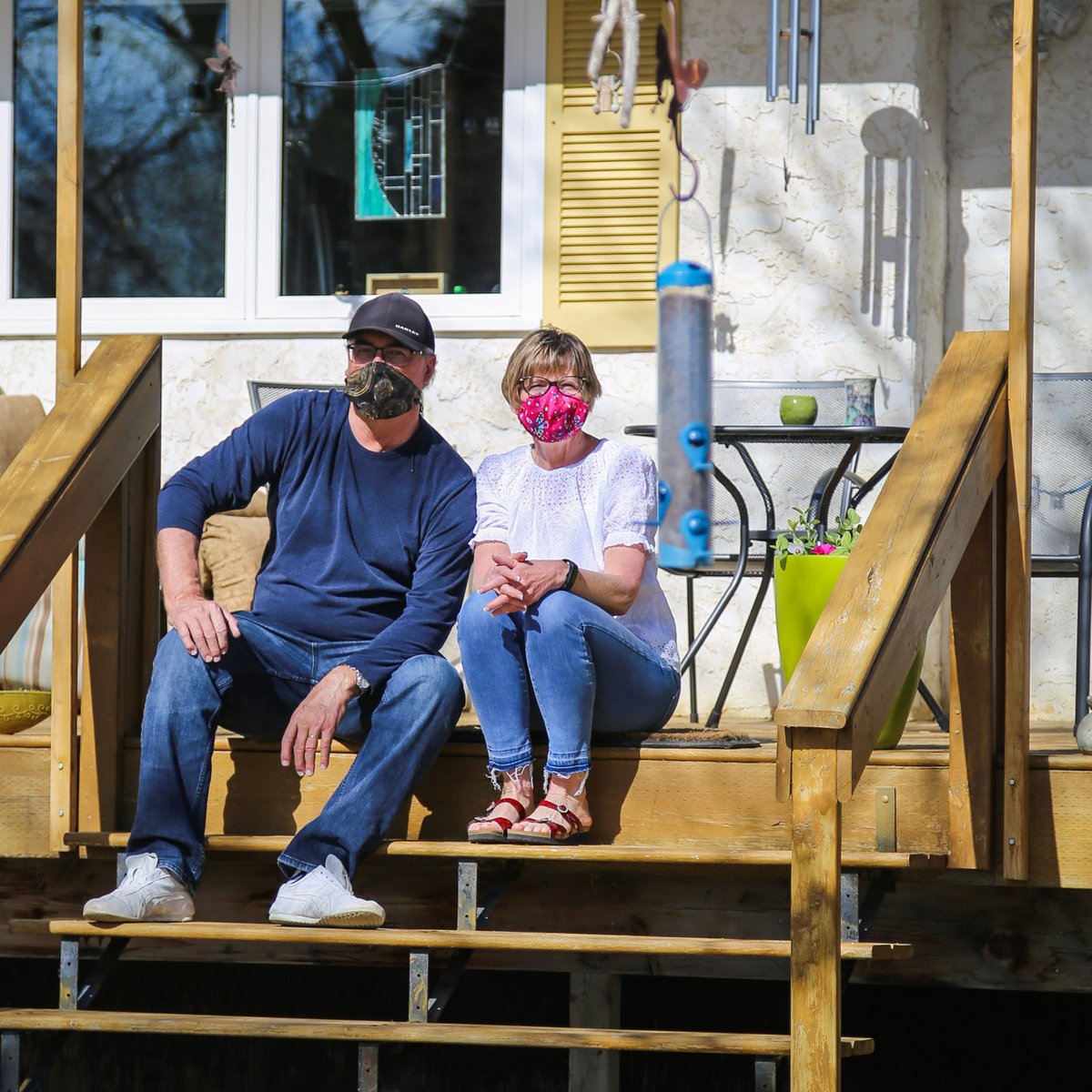 Perhaps with an abundance of caution, Wendell and Karen are staying safe even in their backyard by sporting their special <a href="/KooWooL1/">Koo WooL</a> masks. #Porchraits #BrooksPorchraits #PhysicalDistancePhotos #BackyardSanctuary #Birdfeeder #MorningSun #StaySafe
