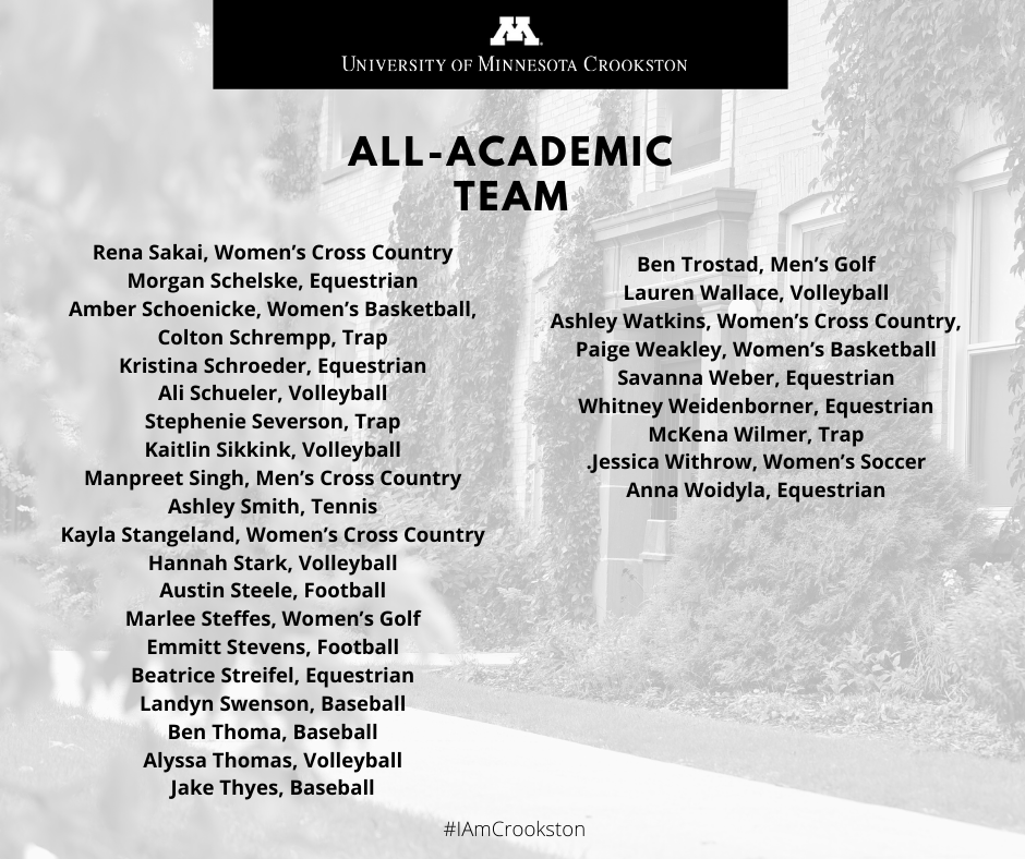 UMNCrookston's tweet photo. @UMNCrookston Virtual Student Awards Ceremony

All-Academic Team recipients: https://t.co/fAMxBCXh40