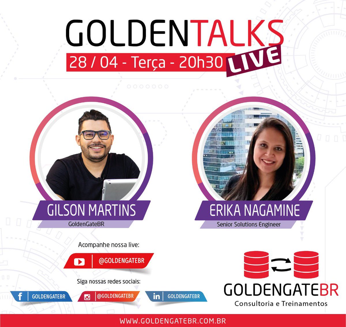 Sabe quem teremos amanhã no GoldenTalks? 

Isso mesmo amanhã teremos GoldenTalks! 

Com uma **estreia inédita e em dobro**, a primeira versão LIVE e com a primeira mulher.👏👏

Senhoras e senhores, teremos: <a href="/erikanagamine/">Erika Nagamine</a> 

Esperamos você! 😉

#oracle #goldengatebr #goldengate