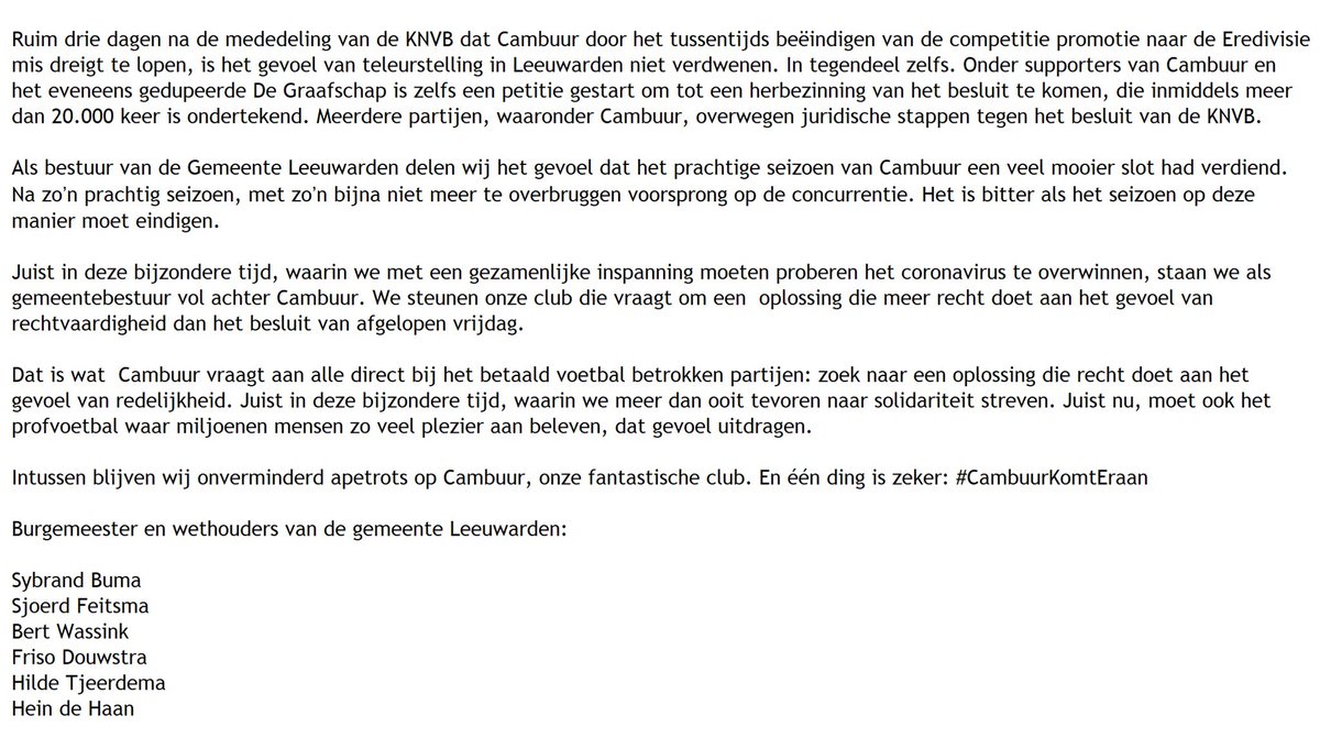 Het gemeentebestuur van Leeuwarden steunt Cambuur . #CambuurKomtEraan