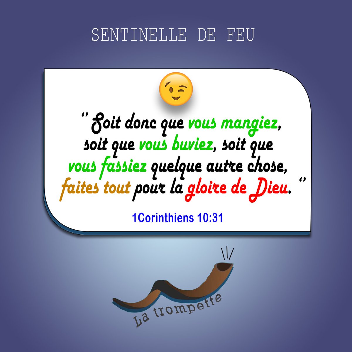 SentinelledeFeu's tweet photo. [TROMPETTE DU JOUR] Toutes nos décisions, toutes nos actions doivent avoir pour objectif premier de *glorifier Dieu* bon début de semaine à tous. 😉
#SDFEU https://t.co/6olAUQfW9m