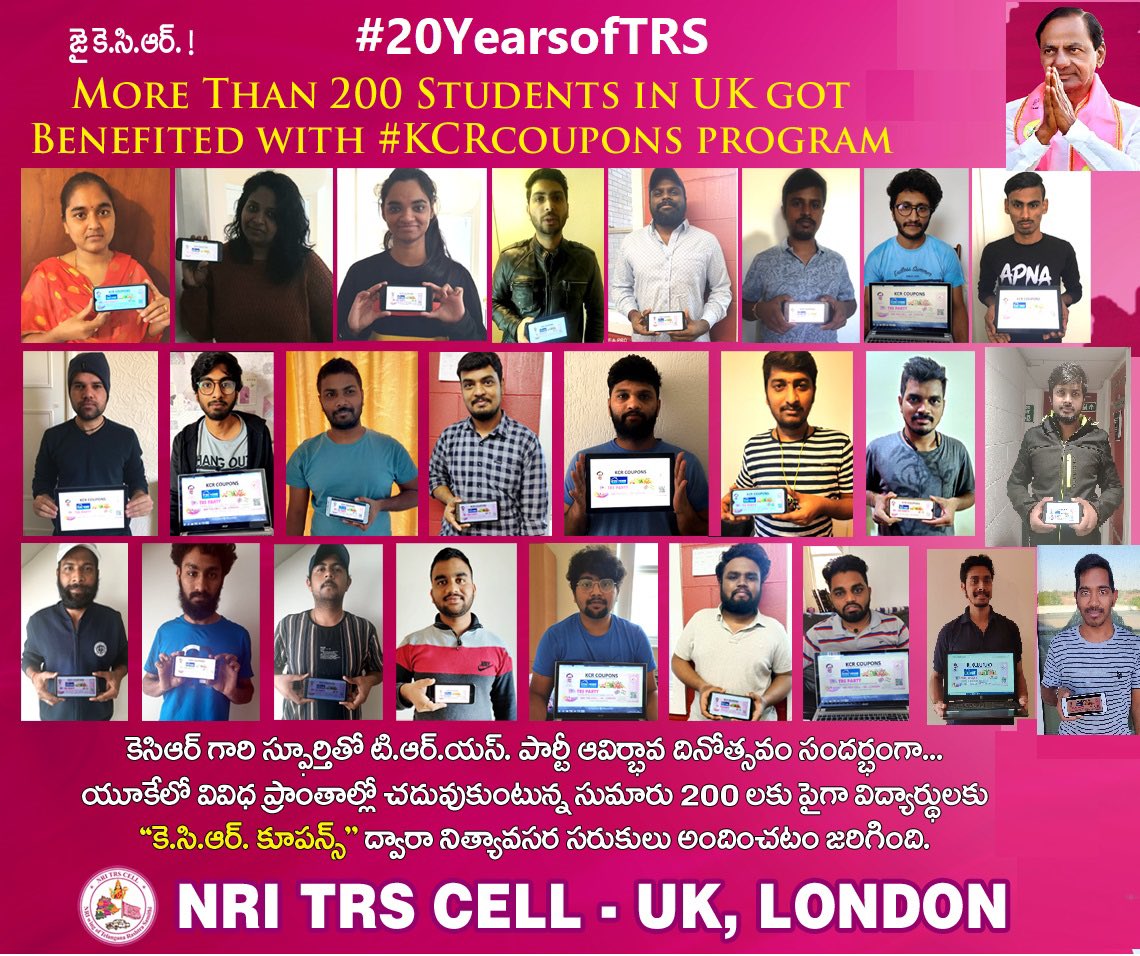NRIBRSUK's tweet photo. More than 200 Students from Telangana &amp; from other states, who are living in UK are given “KCR Coupons” to help them in this pandemic to buy required groceries in near by shops in UK at anytime🛒🙏🏻.

For any queries please contact us at nritrs@gmail.com

 #20YearsOfTRS #StayHome https://t.co/VAoRu3KhYM