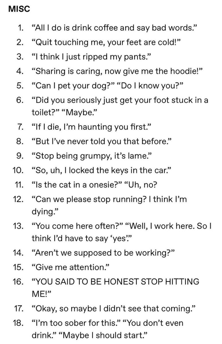 amorousrascal's tweet image. ⠀⠀⠀⠀⠀⠀⠀⠀⠀⠀⠀⠀⠀⠀⠀⠀⠀⠀⠀⠀⠀
⠀
           —— : * ⁞ 𝗠𝗜𝗦𝗖 𝗦𝗧𝗔𝗥𝗧𝗘𝗥 ⁞

             . ♡ this for a random starter. 
             . Or reply with a number.