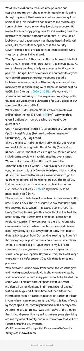 GarimaA18018162's tweet photo. @dmgbnagar @CMOfficeUP @CeoNoida @DCPCentralNoida  @PMOIndia @myogiadityanath @PTI_News @IndianCouncilofMedicalResearch . Need Help!! Quarantine since 23-April, till date no results of samples collected at GIMS Noida. Please help #StillQuarantine  #nohope #NoResponse #NoResults https://t.co/XXCmb0nRPm