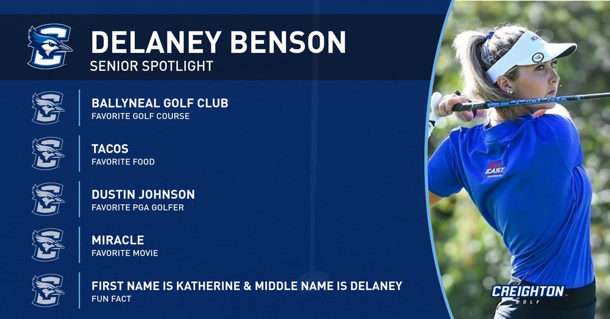 CUbluejayGolf's tweet photo. As promised we are starting our Player Spotlight today with Delaney Benson. She is our only senior.  Thank you Delaney for being a part of this Creighton golf family. You will be missed I appreciate your leadership and commitment to this team. 🙂💙💙💙💙💙 https://t.co/qx3EFVHjqr