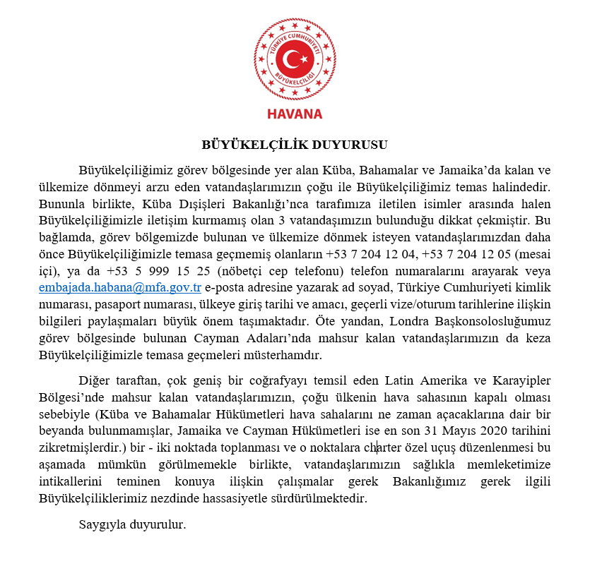 TC_HavanaBE's tweet photo. 27 Nisan 2020 tarihli Büyükelçiliğimiz duyurusu https://t.co/507kYInRf6
