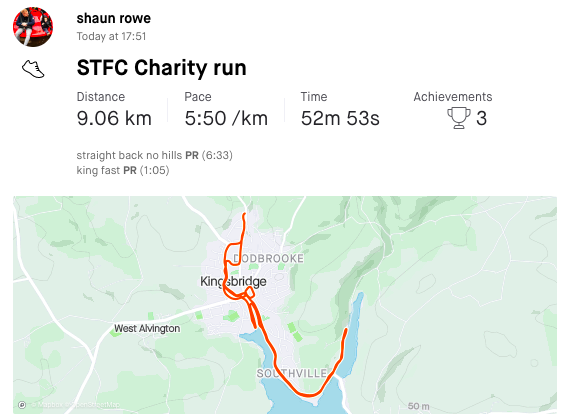 SalcombeTownFC's tweet photo. STFC 1407km (Land's End to John O'Groats) run update from DAY SEVEN: Another 69.5km completed bringing total to 508.5km.

Map shows where we are up to on the route and pictures of the runs also included.

https://t.co/mpLpEuEI2g https://t.co/tmzrd20ltq