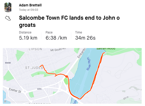 SalcombeTownFC's tweet photo. STFC 1407km (Land's End to John O'Groats) run update from DAY SEVEN: Another 69.5km completed bringing total to 508.5km.

Map shows where we are up to on the route and pictures of the runs also included.

https://t.co/mpLpEuEI2g https://t.co/tmzrd20ltq