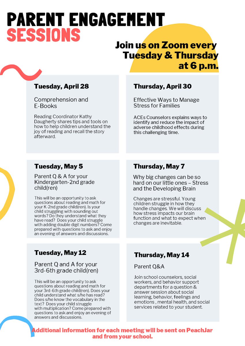 MCS is offering Parent Engagement Sessions every Tuesday and Thursday at 6:00 p.m. via Zoom. Meeting IDs and additional information will be sent through PeachJar and individual school communication.