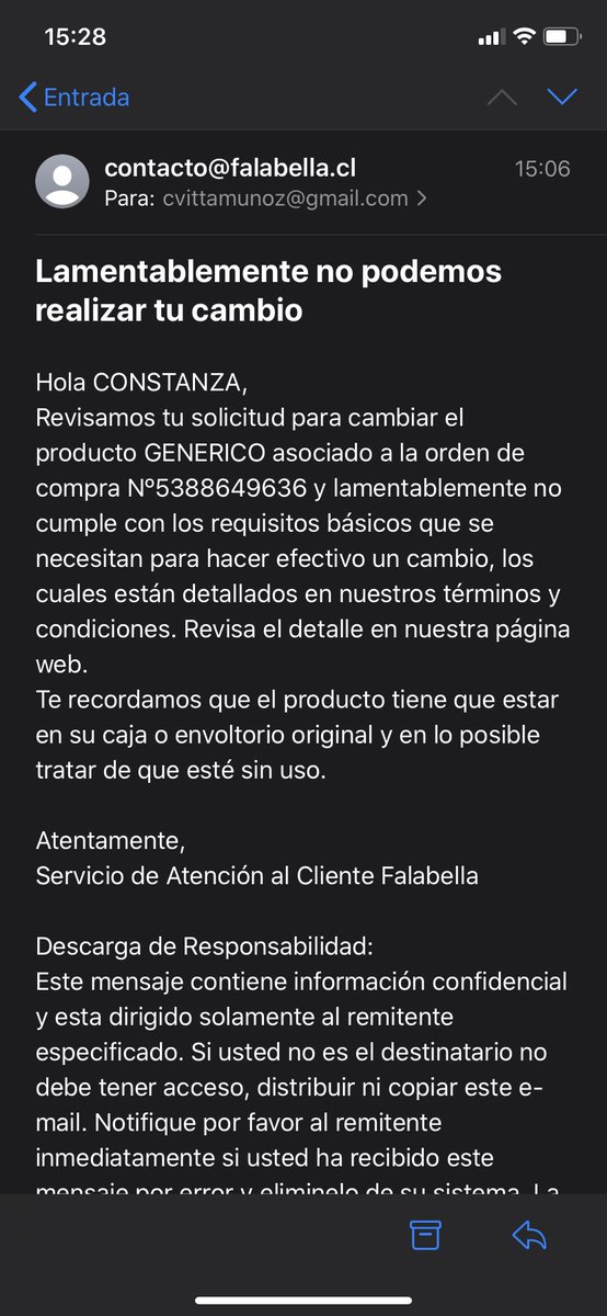 Conivitta's tweet photo. Que onda el mal sevicio de @FalabellaAyuda . Me responden esto a una solicitud, pero no logro entender cuales son los requisitos que no cumple. El producto está sellado, tal cual como llegó. https://t.co/XYwPGGGPiQ