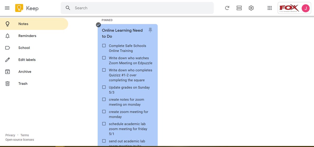 jmyers_math's tweet photo. #googlekeep helps me keep my sanity and stay organized during #onlinelearning. I highly recommend for anyone that usually makes to-do lists! #shsunitedvirtually #CovidTeacher https://t.co/9qLtVYZfhE