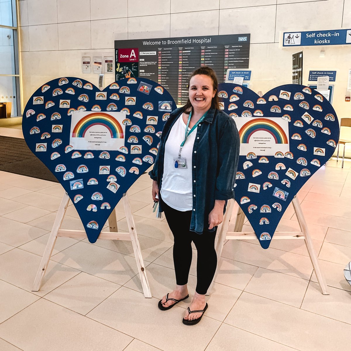 Tonight I added another 15 rainbows to our blue hearts from last weeks discharges 💙 {each rainbow represents a patient discharged home after having Covid} @broomfieldnhs