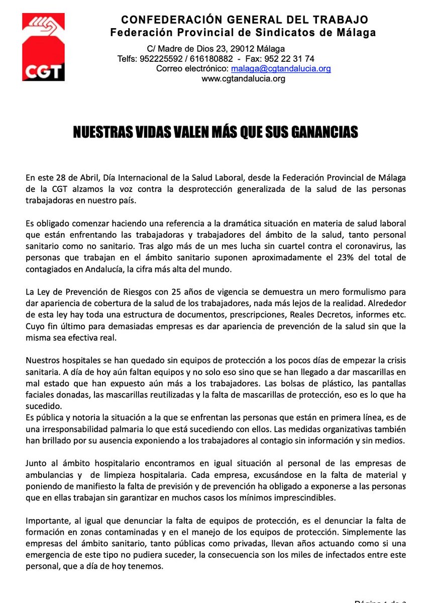 CgtAssda's tweet photo. @CgtAmaya 
@CGT_A 
@CGT 
@LaboralesCGT 
@MalagaCgt 
@cgttablada 
@CGTsalvamento 
@CGT_KonectaBTO
@CGTMALAGA
@CGTGRANADA
@CGTSEVILLA
@CGTCADIZ
@CGTJAEN
@prensaCGT
#28A
#DIAMUNDIALSALUDLABORAL
#LASALUDESUNDERECHO
#PORSUSBENEFICIONOSMATAN
EXIGIMOS NUESTRA SALUD LABORAL!!! https://t.co/aIdUG4LK8l