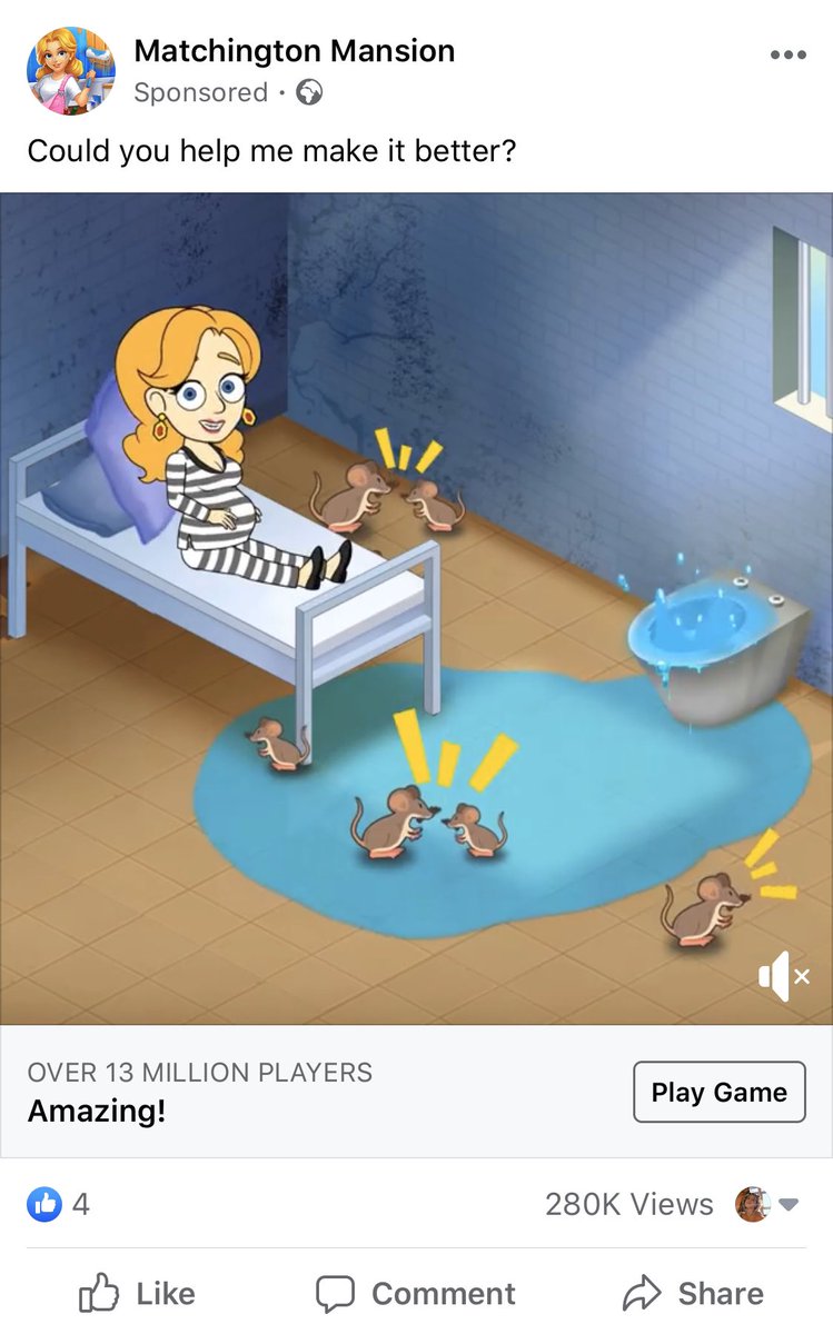 ok so I’m absolutely obsessed w algorithmic casual game ads right now. this one seems to be about dealing with flooding and mice simultaneously while pregnant in jail