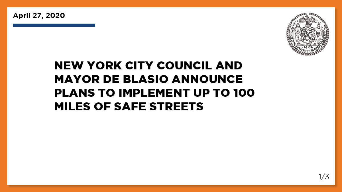 NYCMayorsOffice's tweet photo. BIG NEWS: We’re going to create more space by closing off streets around our parks and in our hardest-hit neighborhoods. This month we’ll close off 40 miles, and we’re aiming to close 100 miles total during this crisis. https://t.co/hl7WKPLULx