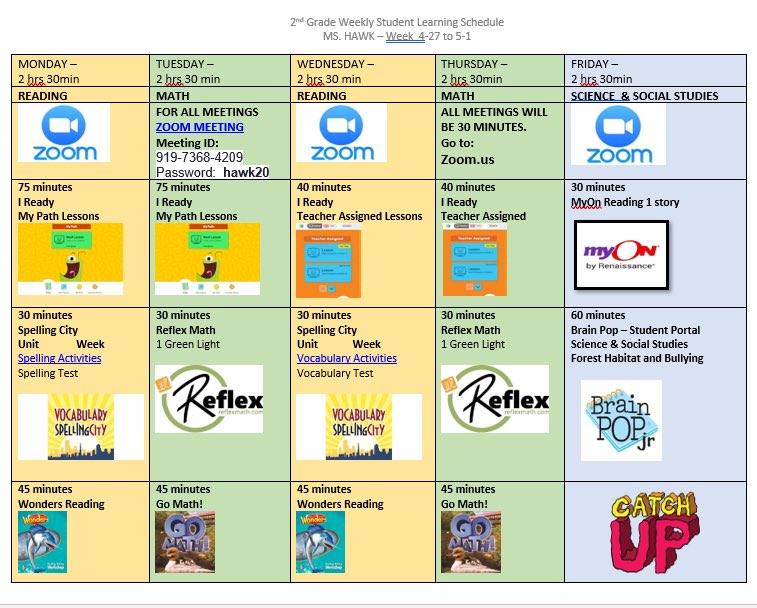 VanEBlanton's tweet photo. Good afternoon! We have a #shoutout for our second grade teacher, Ms. Hawk. She did a fabulous job in creating a visual weekly schedule for her students.  #MDCPSLearns #WeGotThis #DistanceLearningMatters @MDCPS @MDCPSCentral @PeterCedeno_ @MarieSRobinson https://t.co/2xXIfdDFeo