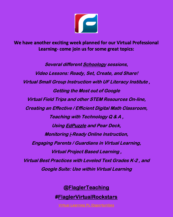 Check out some of this week's Virtual Professional Learning Opportunities! #FlaglerVirtualRockstars
shorturl.at/anoFJ
