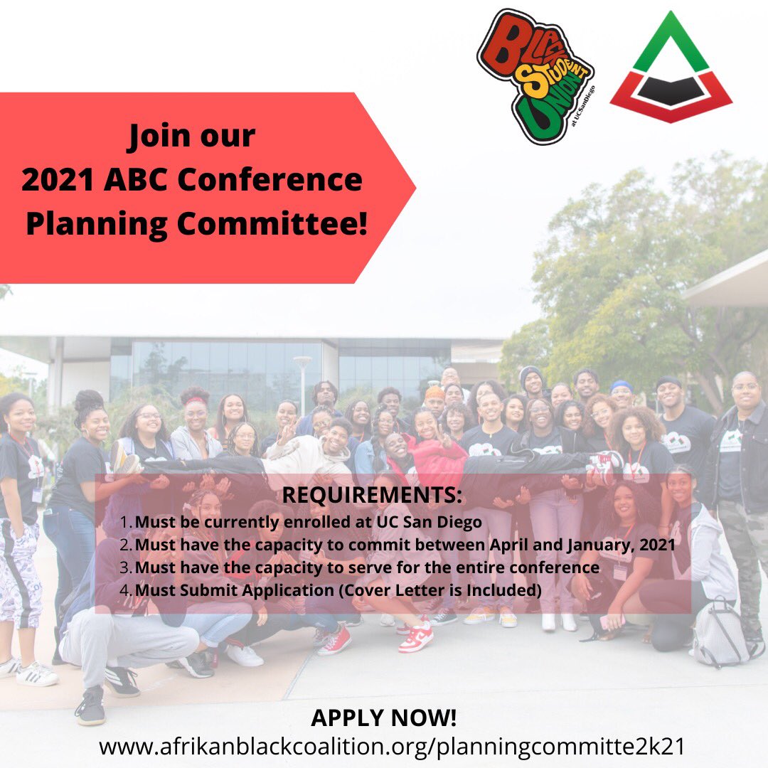 ucsdbsu's tweet photo. CALLING ALL UCSD STUDENTS (GRAD + UNDERGRAD) 

We are looking for EIGHT Black Tritons to help us plan the 18th Annual ABC Conference, where we serve over 800 Afrikan/Black students from the state of California. For more information please visit: 
https://t.co/nRnu3r2kyH https://t.co/z0idwcGis0