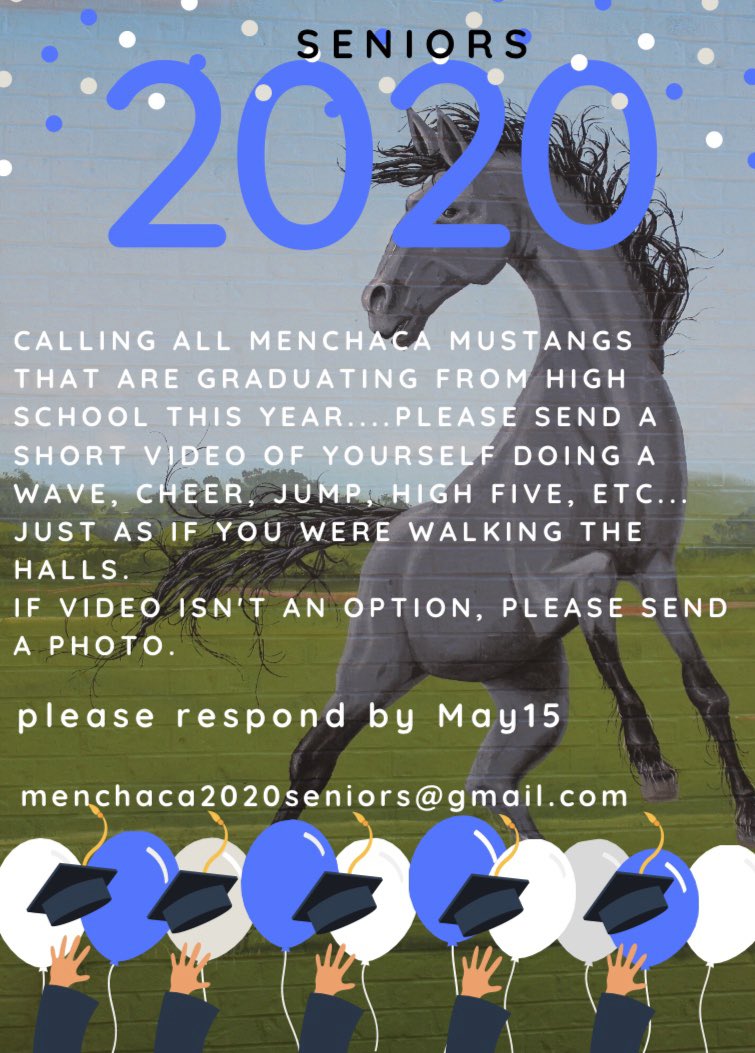 MenchacaLibrary's tweet photo. We want to get as many as possible included in this π΄ππ please help us get the word out @menchacamustang @MenchacaPTA @AustinISD @AkinsAISD @AISDBowie @McCallumHS @lasahighschool #seniorclass2020 #virtualseniorwalk #keeptraditionsalive https://t.co/ILYiGRQZao