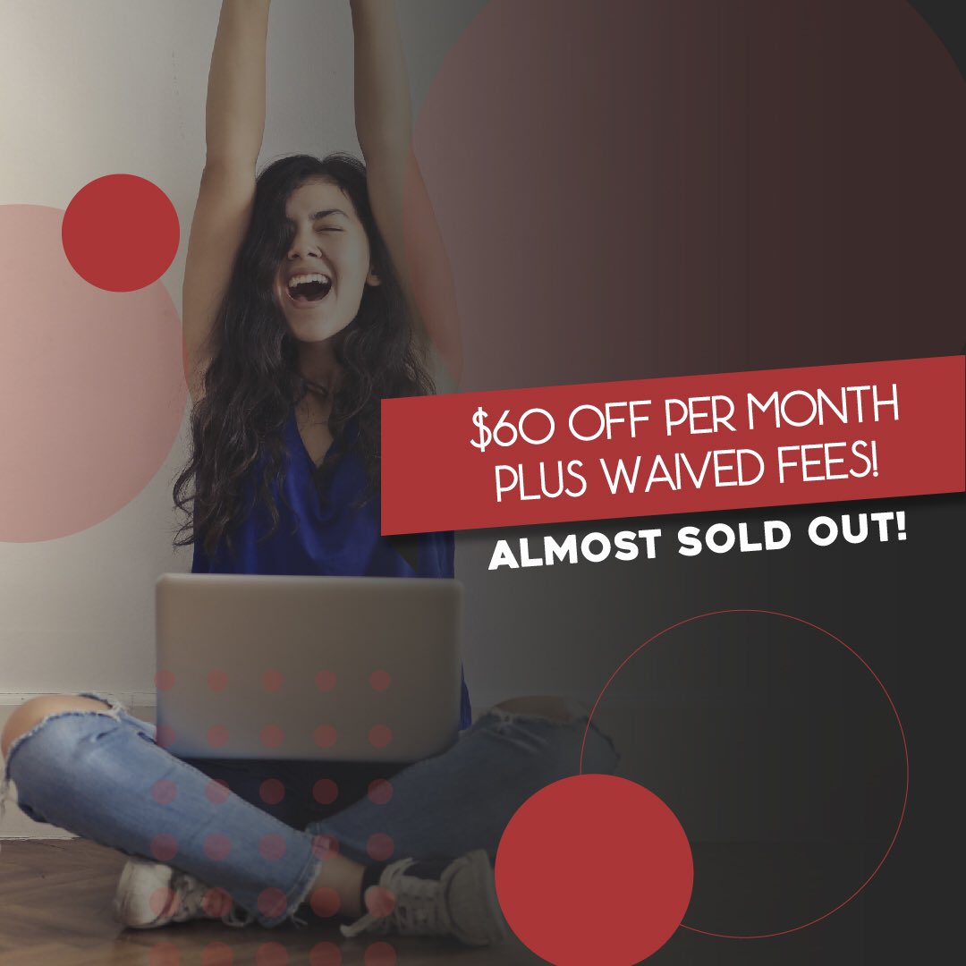 UVat2505's tweet photo. This offer is almost SOLD OUT! Sign a lease TODAY for ZERO fees PLUS $60 or per month! #UV2505 https://t.co/K2vsilDlta