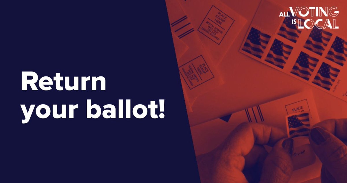 Graphic reads "Return your ballot!" and shows someone putting a stamp on an envelope.