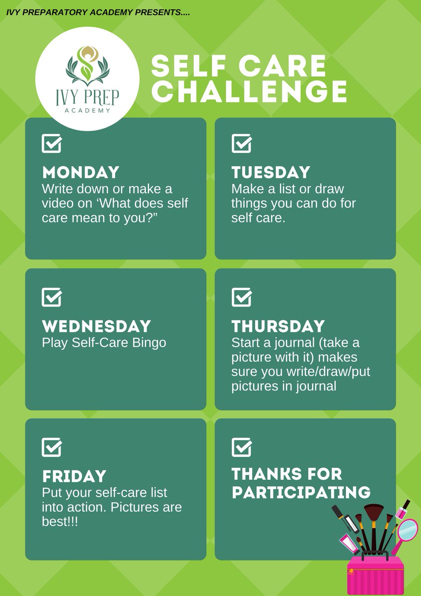 IvyPrepSchools's tweet photo. ๐จ New Challenge Alert ๐จ This week Nurse Charite invites the Ivy Prep Family to participate in the Self Care Challenge. Join the fun and share your pictures and videos! ๐ #ivyathome #therightchoiceforgirls #covidkindness #gacharterstrong #charterschool #gacharterschools https://t.co/yhQ0LZjSnW