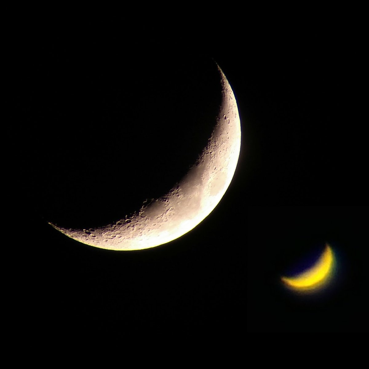 Mond und Venus heute im Partnerlook (Montage, aber zeitgleich geknipst).

#Frankfurt #moon #Venus #Astrophotography