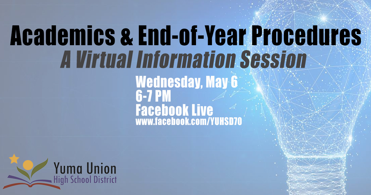 YUHSD's tweet photo. YUHSD is hosting a virtual info session for families on Facebook Live on May 6 from 6-7 PM to answer questions regarding academics and end-of-year procedures. 

Ask a question in advance: https://t.co/CSMqMf1xjb. (Questions will only be answered that pertain to the topic) https://t.co/vEIuf1W4Qy