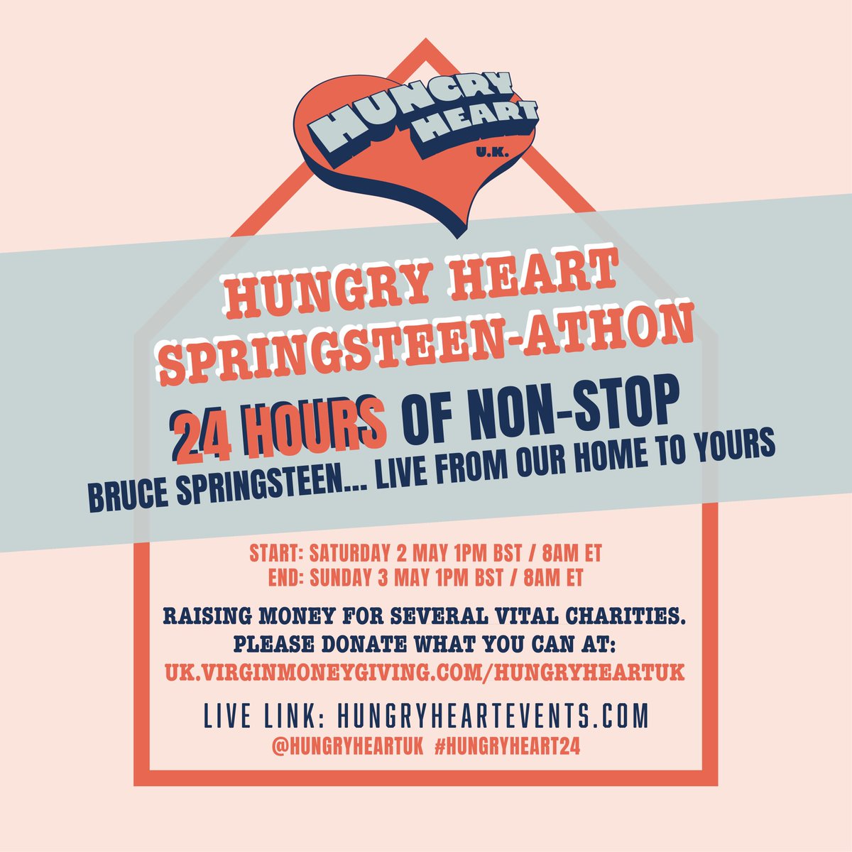 hungryheartuk's tweet photo. This Saturday 2 May at 1pm will kick off 24 hrs of non-stop Bruce @springsteen to raise £10,000 for five brilliant charities. Now, who’s planning on proving it ALL NIGHT with us 😂 #hungryheart24 donation links and charity info: https://t.co/I5ykuz1bwR https://t.co/Xa0XkZ2naE