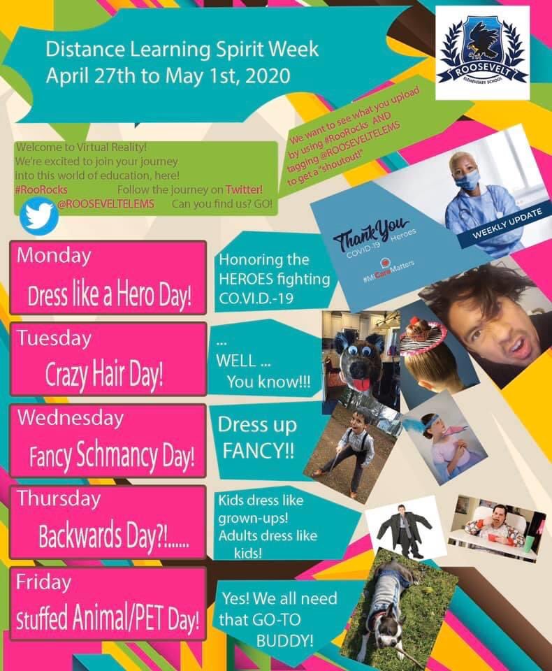 cjramirez_j's tweet photo. Virtual Learning Spirit Week @ROOSEVELTELEMS #RooRocks Thank you to all the front line workers! You are true heroes!! https://t.co/ozucoFT6Z6