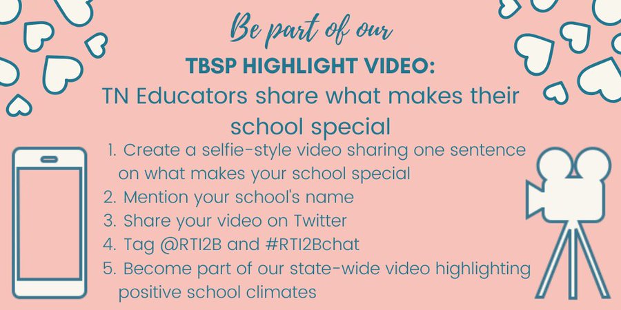 MorrowTN_TSC's tweet photo. #RTI2Bchat sneak peek: Thurs we'll be asking for selfie videos describing favorite things about your school. We’ll compile these into a state-wide video highlighting TN schools. Start thinking about your video and where you have the best lighting!
@TBSPvanderbilt @TBSPMemphis https://t.co/2CKxmRA7Tl