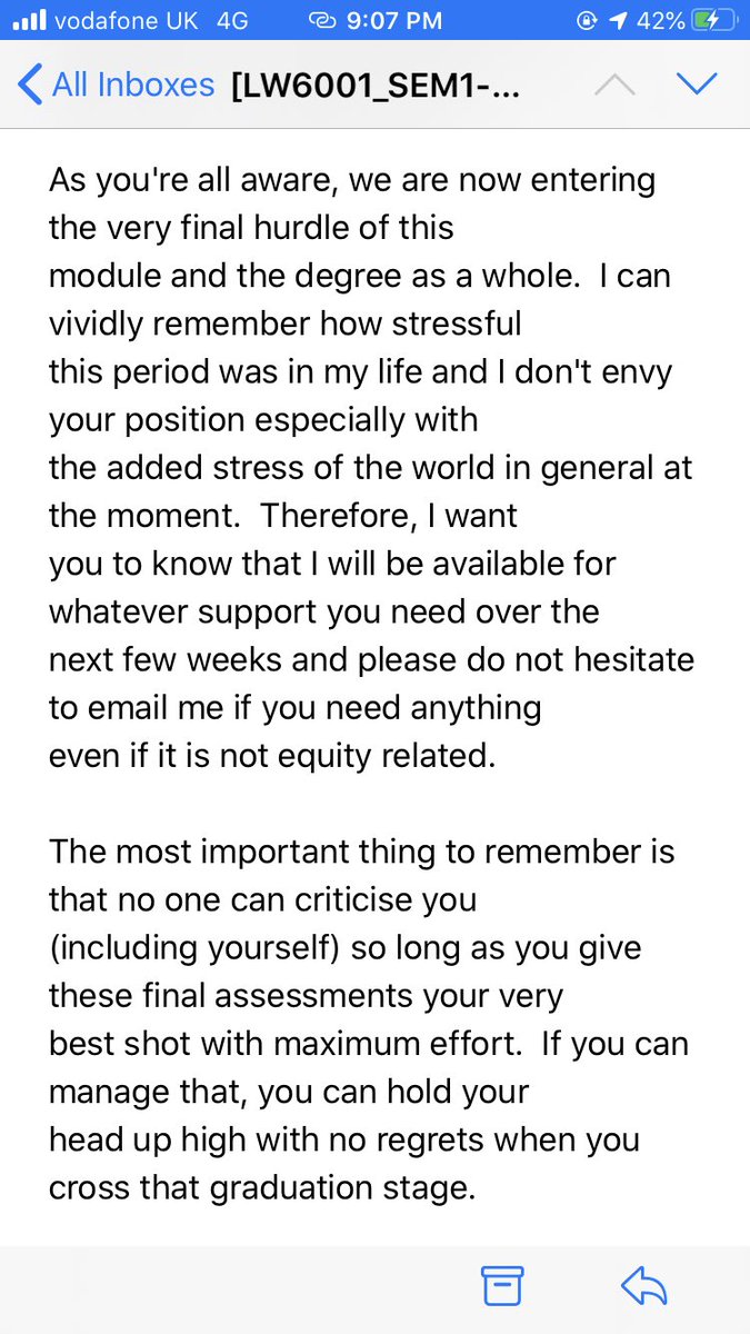 nataliemariaa's tweet photo. In exactly one month I will write my final exam of law school. This evening, my whole class got this email from our equity &amp; trusts lecturer... I think it was a “you can do this” moment we all needed 😭 https://t.co/xsFkBLRFLN