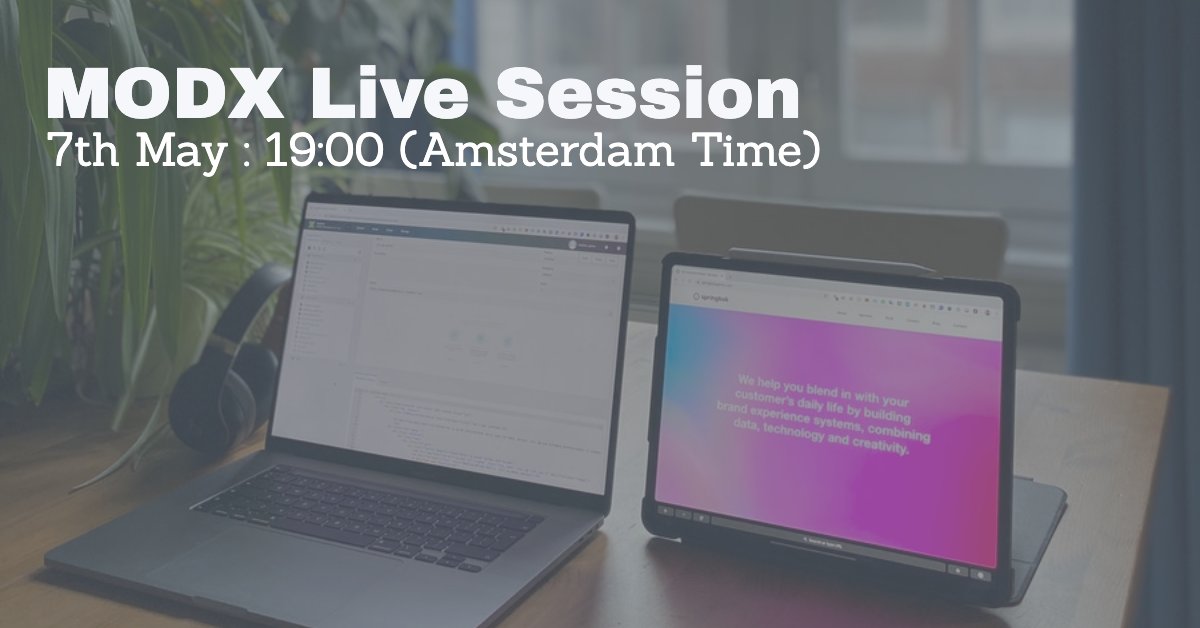 modx's tweet photo. Want to learn about creating #MODX Extras? Attend the first virtual MODX Meetup on May 7, 2020, brought to you by @JoshuaL and Springbok Agency. Limited to the first 100 to sign up. Learn more at https://t.co/KRrKcaXbRd #modx #webdev https://t.co/K7R6uTsP8U