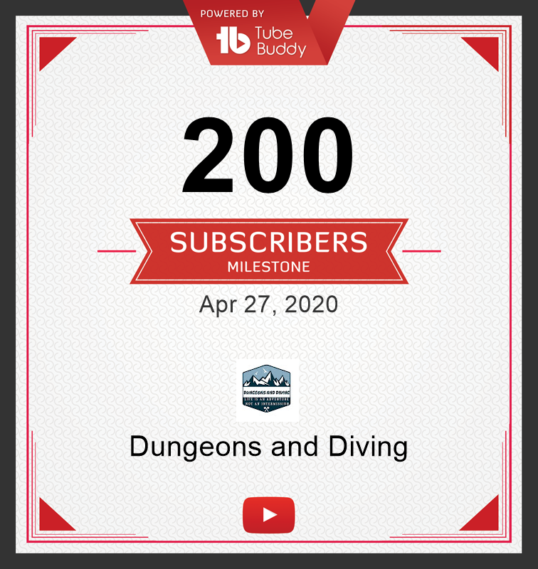 DungeonsNDiving's tweet photo. WOOT! Hit another couple of milestones on my #YouTube channel and all thanks to you guys!!  I can't wait to share more #adventures with all of you! Thanks @TubeBuddy for the #analytics and #milestones!

Check out all the fun here:
https://t.co/fX1cnRwd0b https://t.co/giDw1LP3eN