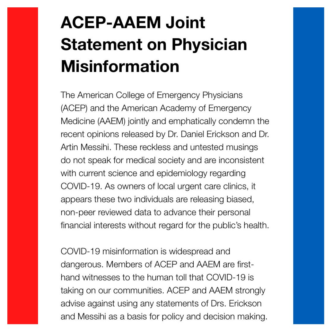 "@ACEPNow and <a href="/aaeminfo/">AAEM</a> jointly and emphatically condemn the recent opinions released by Dr. Daniel Erickson and Dr. Artin Messihi."

Read the full joint statement:
acep.org/corona/COVID-1…

#COVID19 #Coronavirus