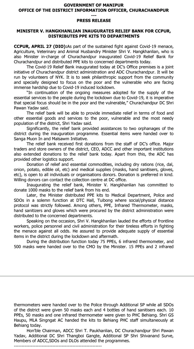 DIO_Ccpur's tweet image. Minister V Hangkhanlian inaugurated Covid-19 Relief Bank for Ccpur and distributed PPEs. The relief bank is the joint venture of Dist Administration @AdminCcpur and ADC Ccpur. Donation welcome from all.
#careforthepoor
#FightCOVID19
@Vhangkhanlian 
@NBirenSingh 
@Ccpur_Police