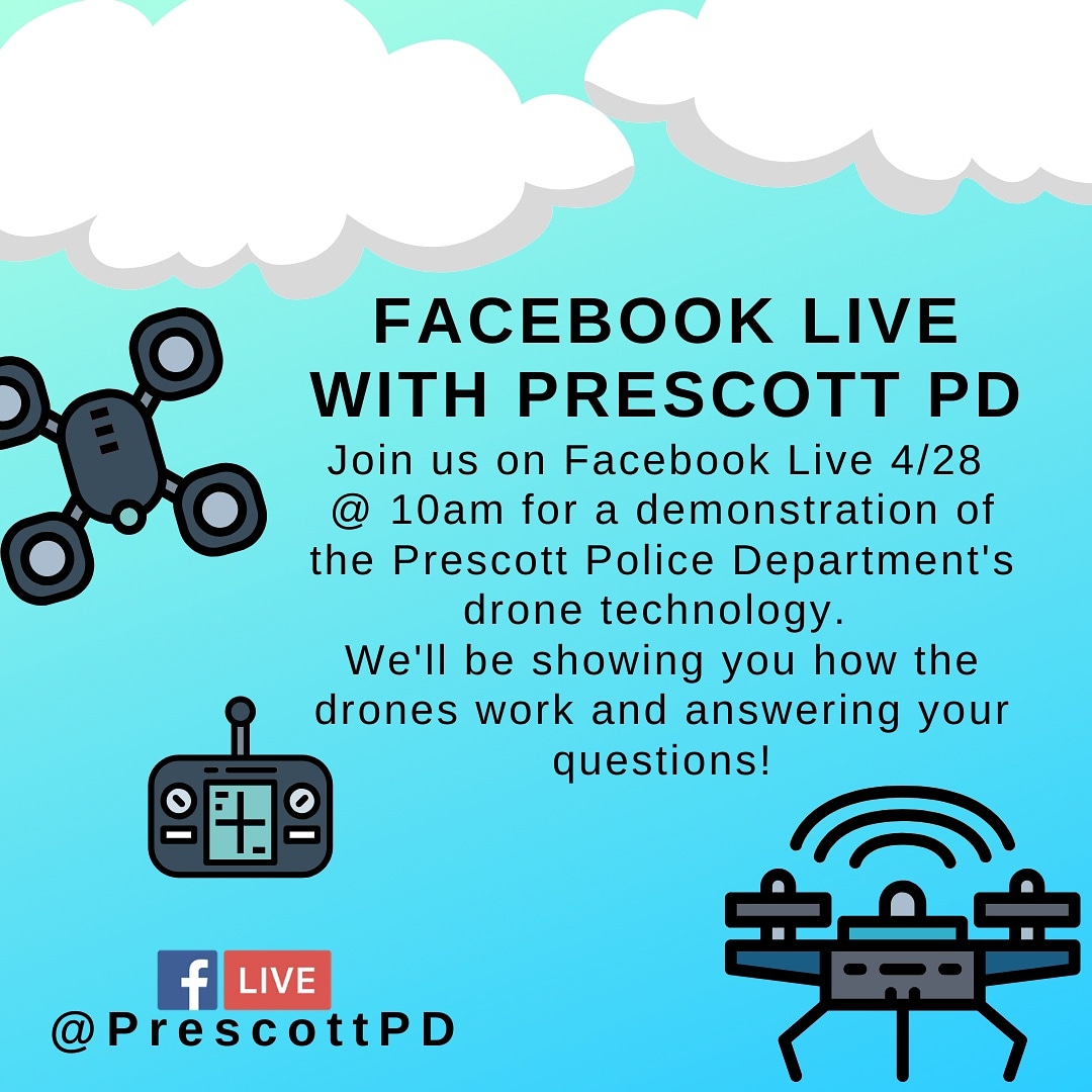 PrescottPD's tweet photo. Did you know #PrescottPD has drones? Let's talk about them tomorrow over Facebook Live!
.
.
#COVIDKindness #StayHomeStaySafe #StayConnected #Drones #ThinBlueLine #Police #Technology #FacebookLive #PrescottArizona #AZ https://t.co/HAP7ocT2Iv