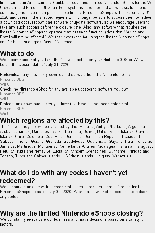 Nintendo Wii U and 3DS eShops Closing in July 2020 in Some Countries