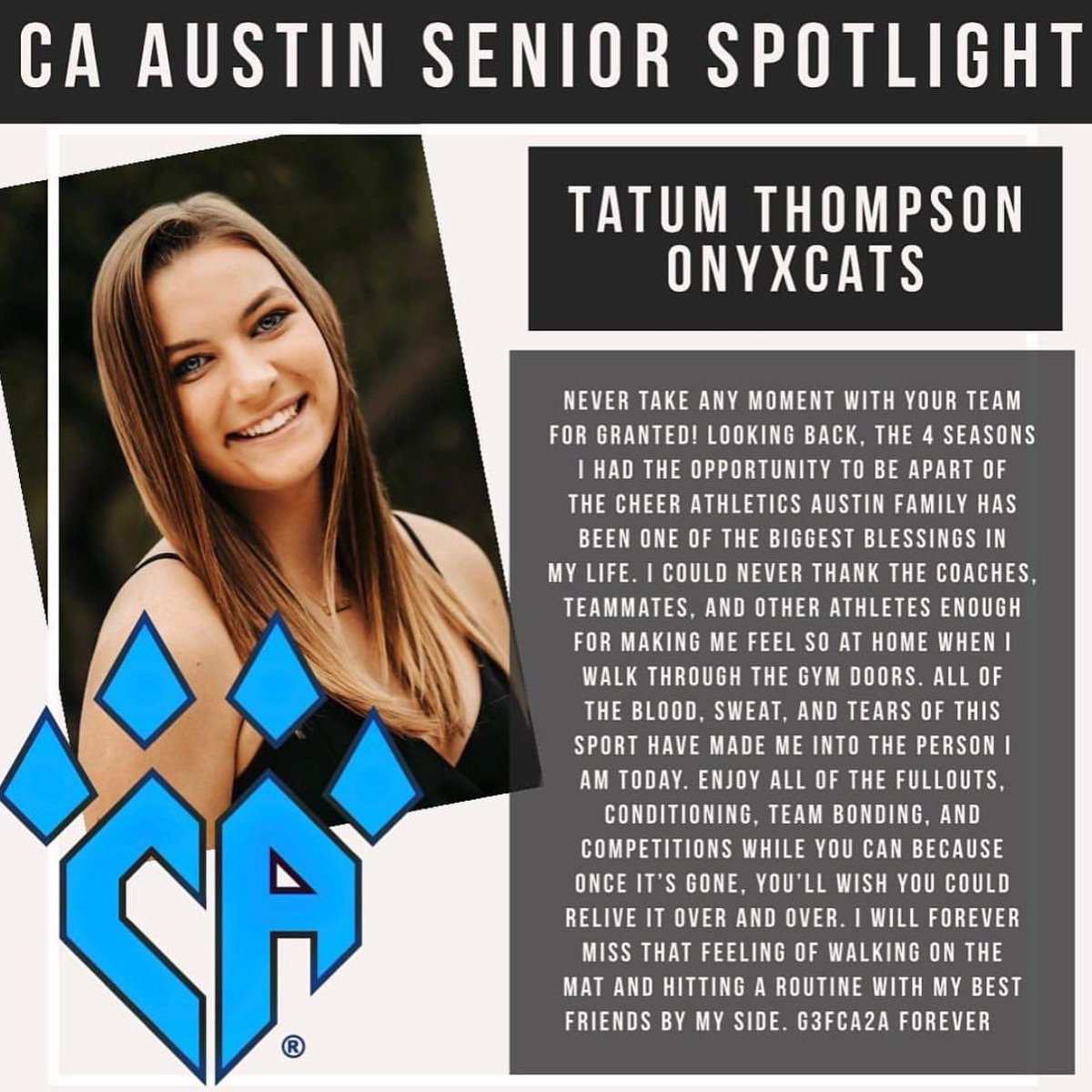 Our Senior....we LOVE you Tatum! Thank you for your hard work, dedication, &amp; devotion to our team. Tatum was an OnyxCat 16/17, 18/19, &amp; 19/20.  She is graduating from Lake Travis High School &amp; attending Texas Tech as a business major. Wishing you all the best at Tech! Wreck’em!!