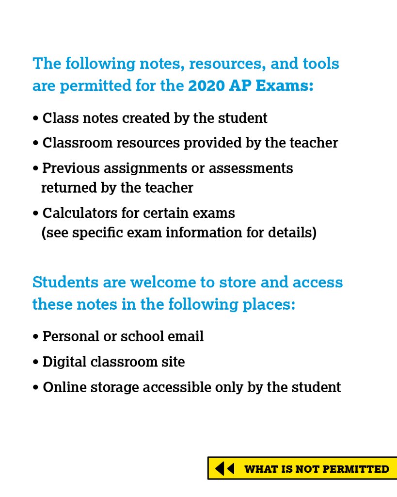 The College Board On Twitter 2020 Ap Exams Will Be Open Book Open Note Here Are The Resources You Can And Cannot Use While Testing Find More Answers To Frequently Asked Questions Https T Co Ox2zemnthz